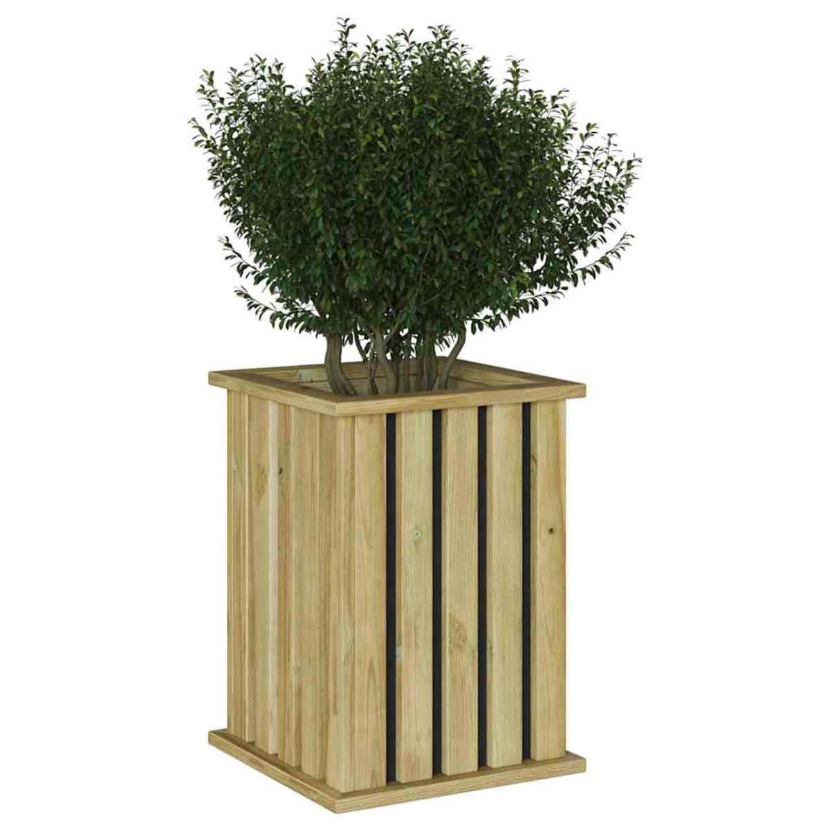 Ein quadratischer Holzpflanzer mit einer grünen, belaubten Pflanze. Der Pflanzer hat vertikale Holzlatten und steht vor weißem Hintergrund.
