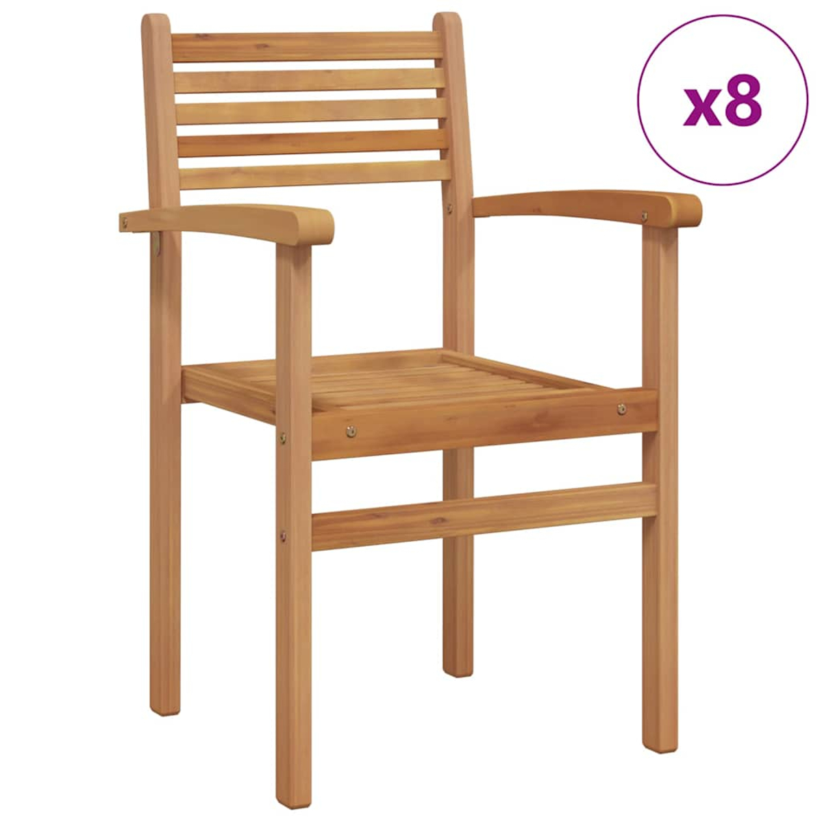 Ein Holzstuhl mit Armlehnen. Der Stuhl besteht aus hellbraunem Holz und hat eine Lattenlehne und -sitz. Es gibt ein x8-Symbol.