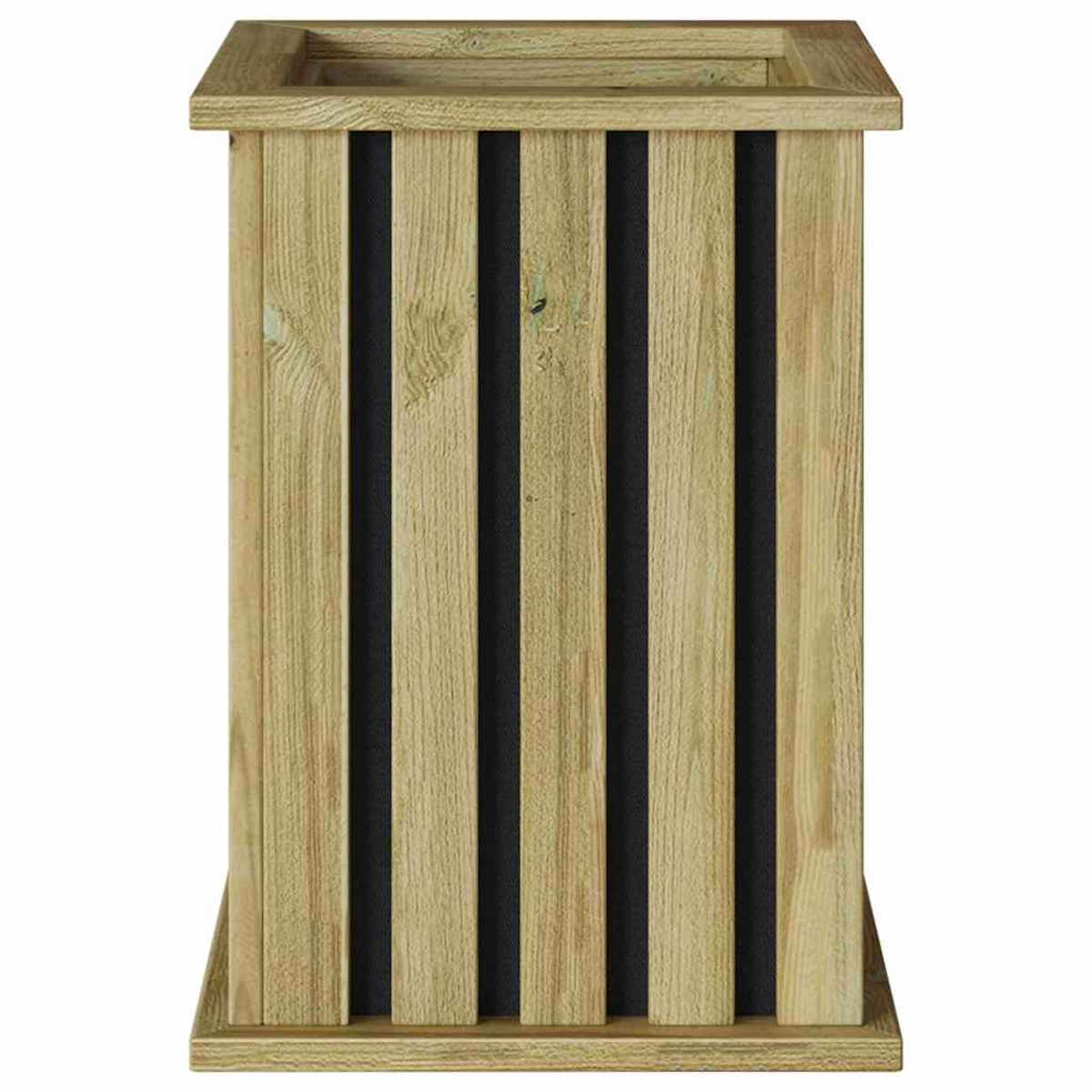 Holzpflanzgefäß mit vertikalen Holzlatten. Dunkle vertikale Lücken wechseln sich mit hellem Holz ab. Oben und unten haben einen Rand.