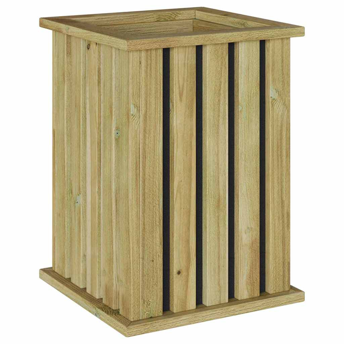 Holzblumenkasten. Hellbraunes Holz mit vertikalen Lamellen. Dunkle Lücken zwischen den Lamellen.