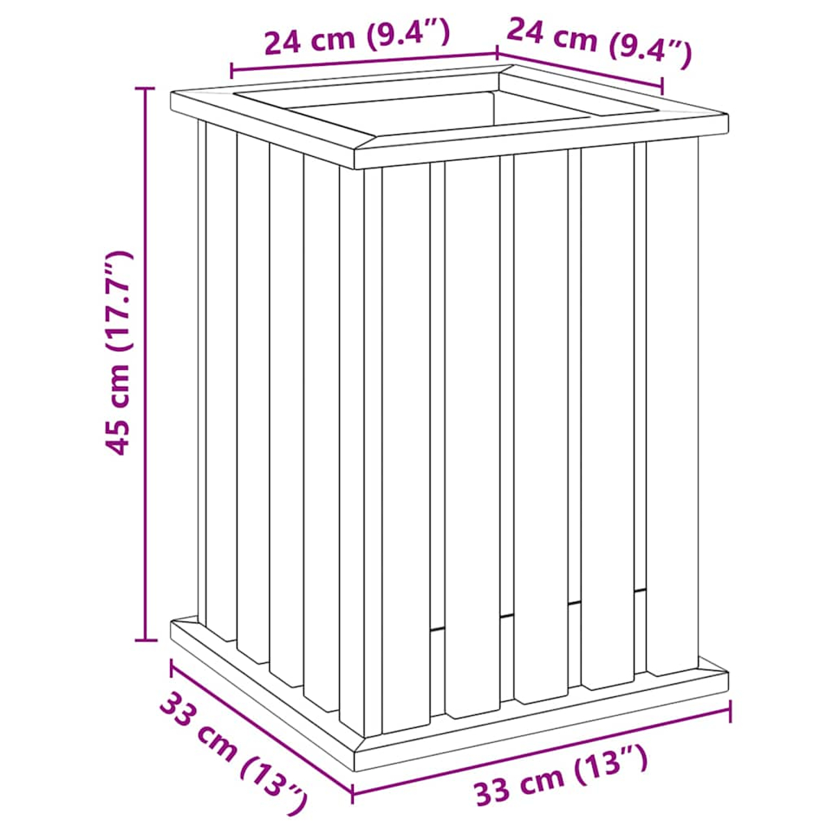 Eine hölzerne Pflanzkastenbox. Sie ist rechteckig mit vertikalen Lamellen, Maße in cm und Zoll angegeben.