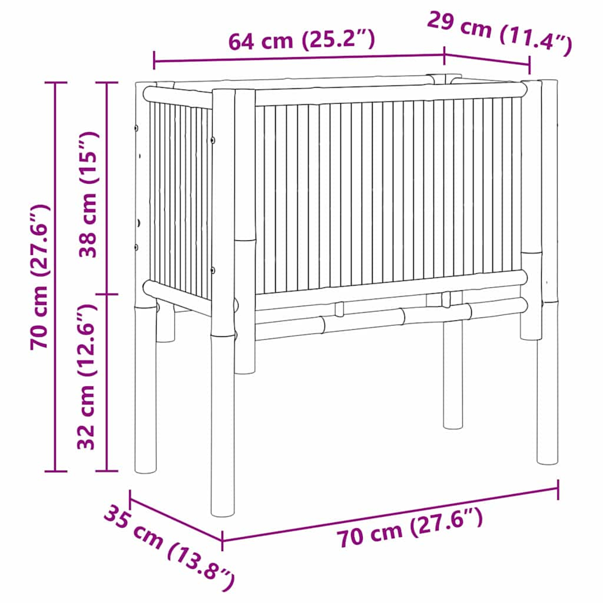 Un supporto per piante in stile bambù con dimensioni in cm e pollici. Ha doghe verticali e forma rettangolare. Le misure sono indicate.