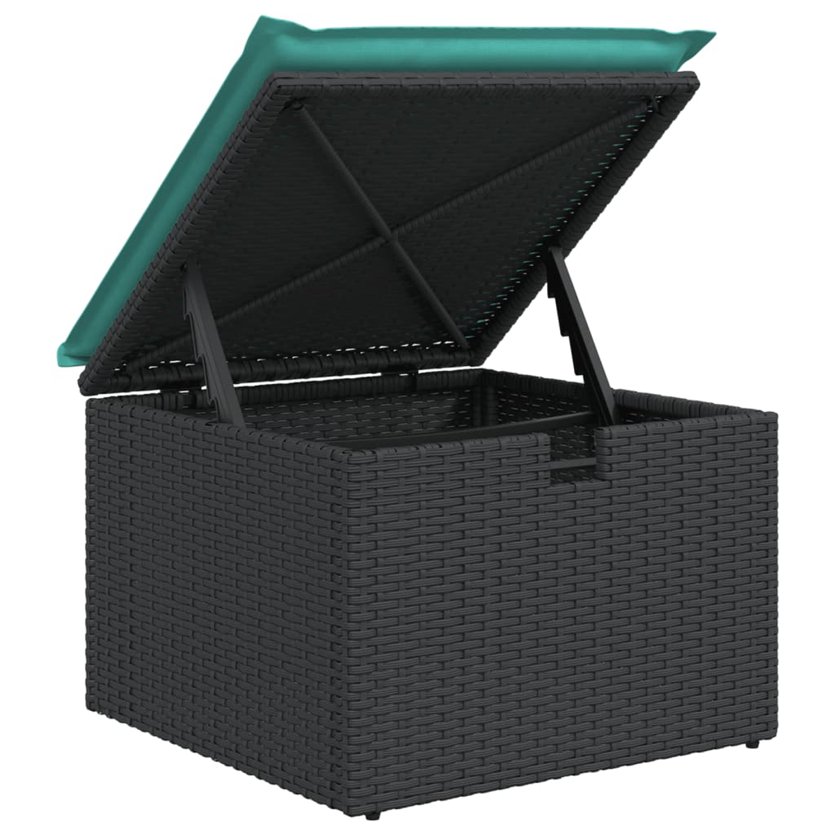 Eine schwarze Weidenaufbewahrungsbox mit offenem Deckel. Ein türkisfarbenes Kissen liegt auf dem Deckel. Die Box steht auf weißem Hintergrund.