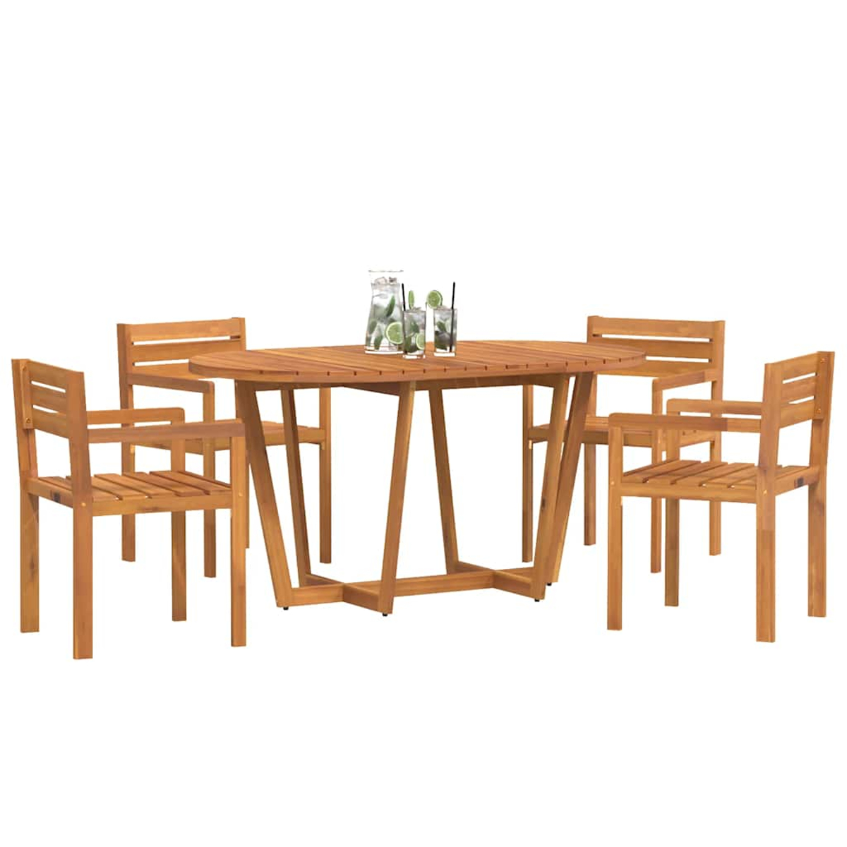 Holz-Essgarnitur für draußen mit rundem Tisch und vier Stühlen. Getränke mit Limettenscheiben stehen auf dem Tisch.