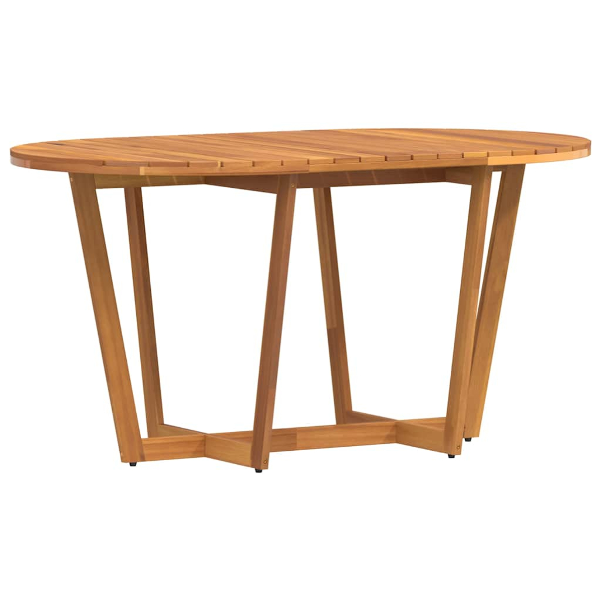 Ein ovaler Holztisch mit schrägen Beinen. Der Tisch ist braun und scheint aus Holz zu sein, vor weißem Hintergrund.