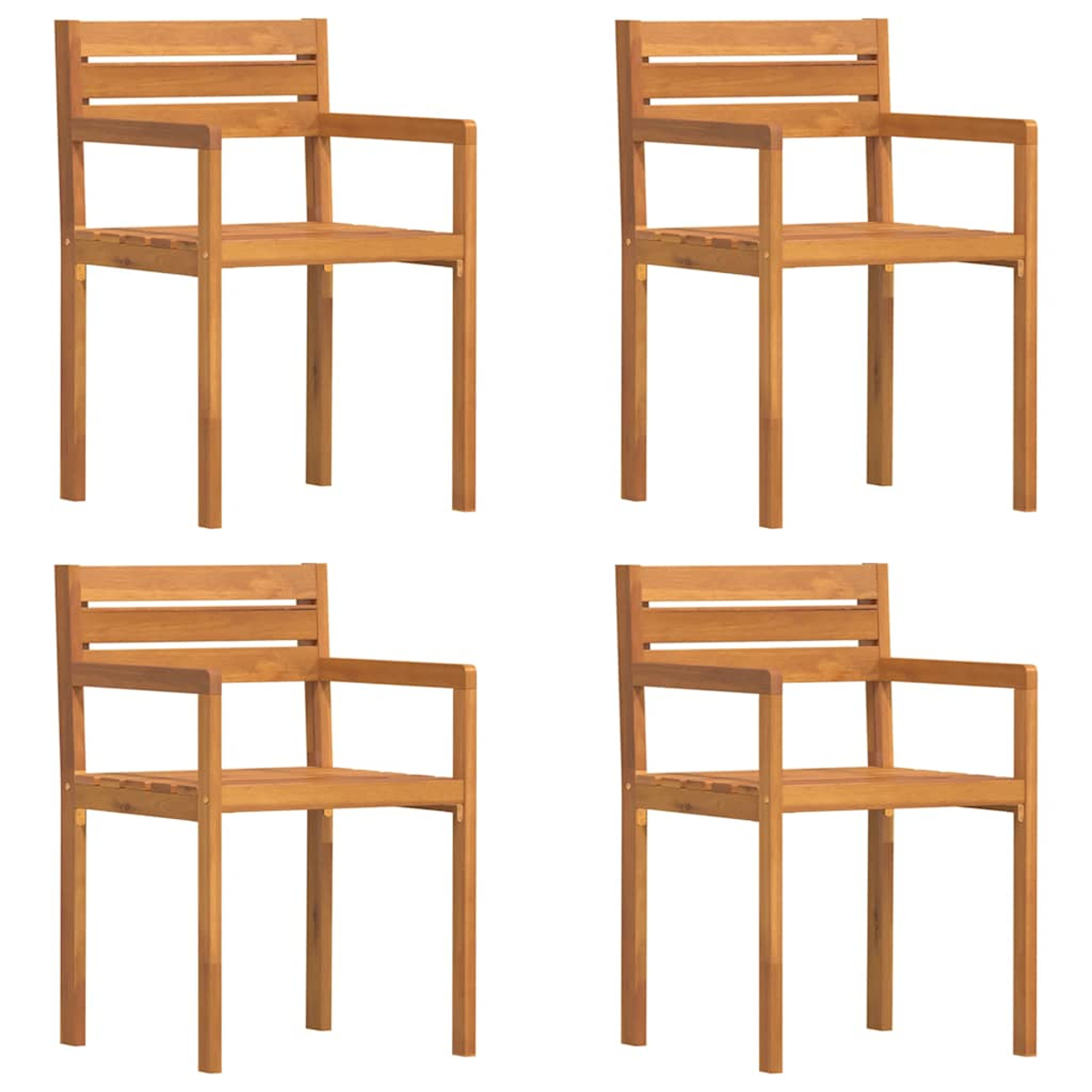 Vier Holzstühle mit Armlehnen werden gezeigt. Sie sind hellbraun und haben eine Lattenrost-Sitzfläche und -Rückenlehne. Weißer Hintergrund.