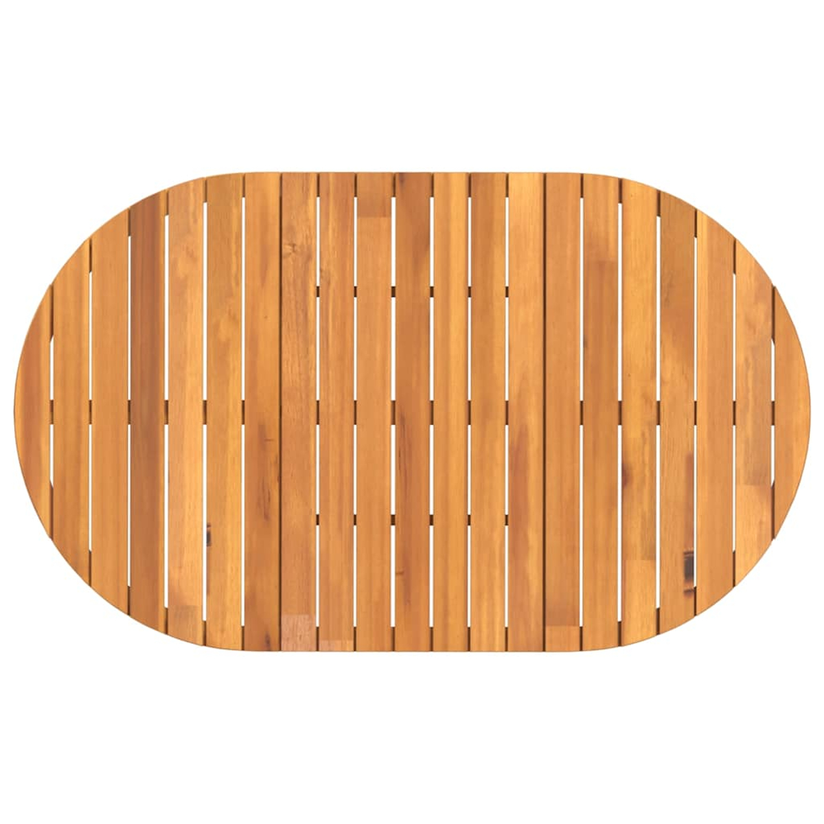 Draufsicht auf einen ovalen Holztisch. Der Tisch besteht aus parallelen Holzbrettern mit natürlicher Holzmaserung.