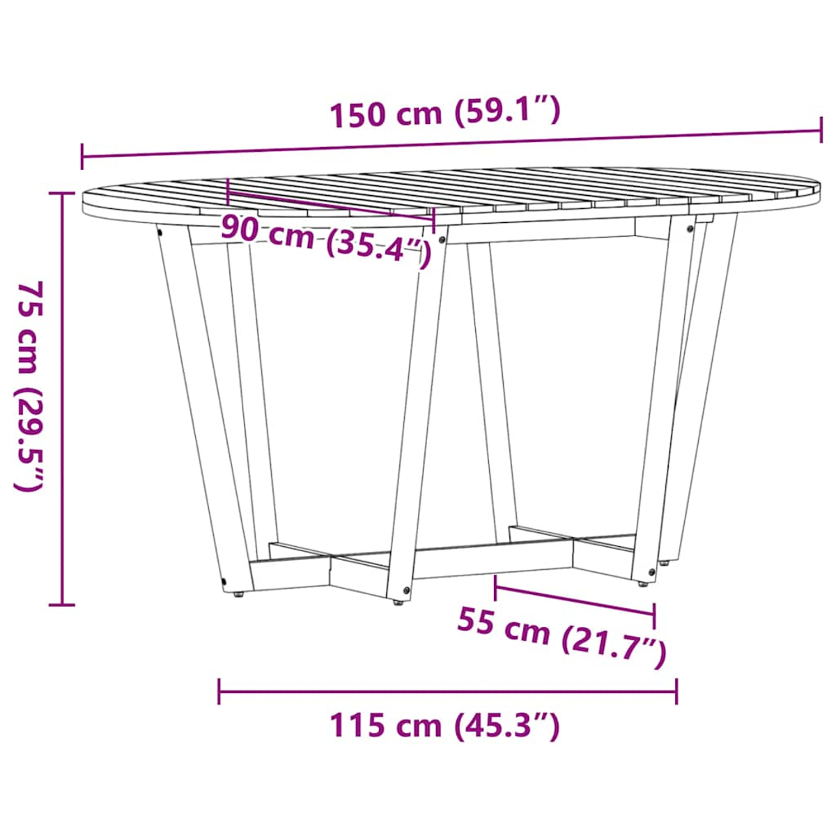 Diagramm eines Holztisches mit Maßen: 150 cm lang, 75 cm hoch, 90 cm breit, 115 cm Basislänge und 55 cm Basisbreite.