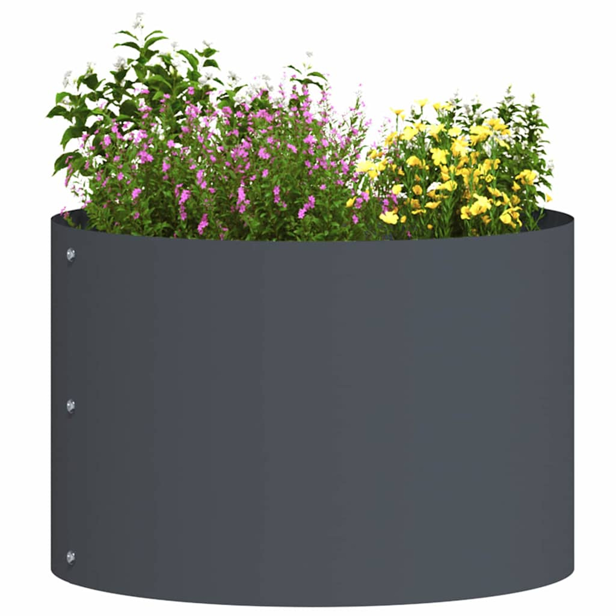 Una fioriera cilindrica grigia piena di piante. Le piante hanno fiori rosa, gialli e bianchi e foglie verdi. La fioriera è su sfondo bianco.