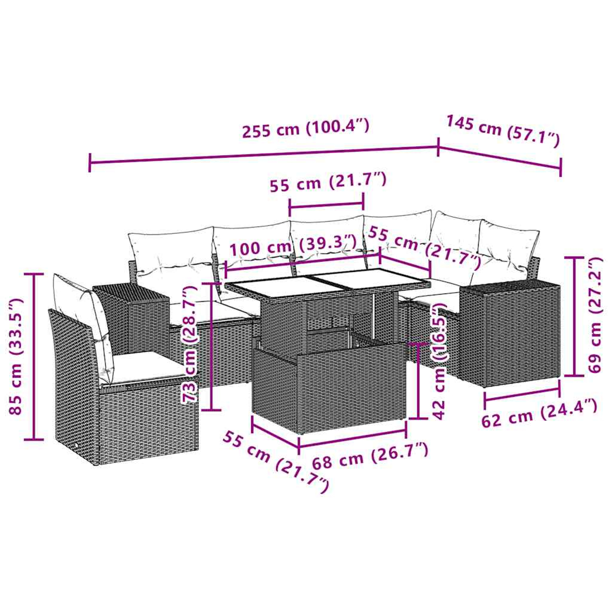 Gartenmöbel-Set aus Korbgeflecht mit Maßangaben. Enthält Tisch, Stühle und Sofa mit Kissen. Maße in cm und Zoll.