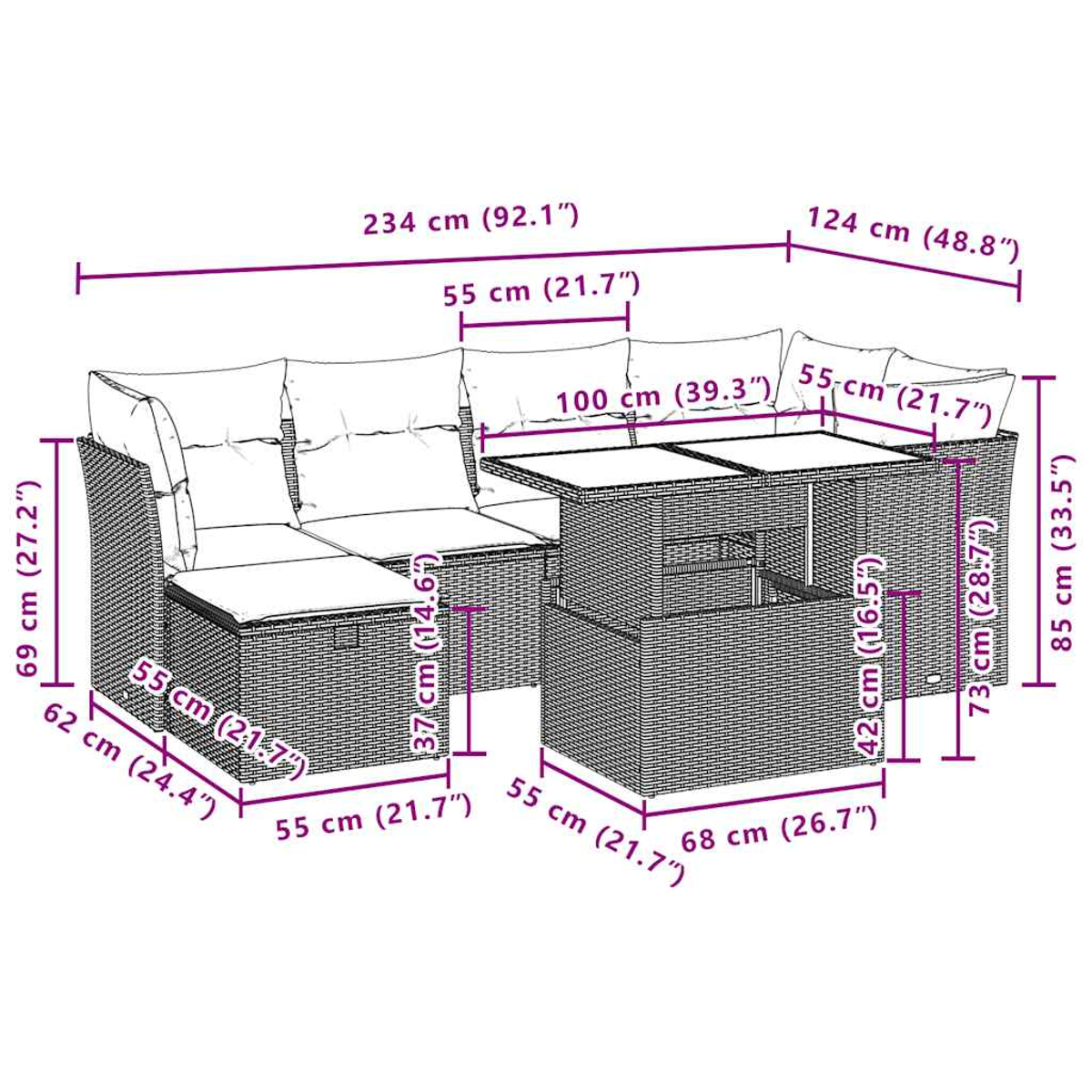 Diagramm eines geflochtenen Ecksofas mit Abmessungen in Zentimetern und Zoll, einschließlich eines Tisches.