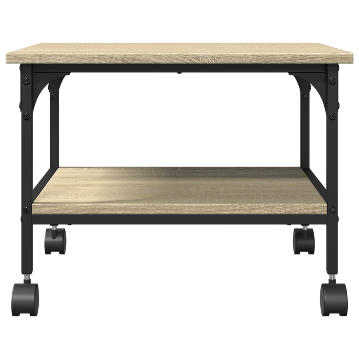 Ein hellbrauner Holztisch mit schwarzem Metallrahmen und Rädern. Der Tisch hat eine obere und eine untere Ablage.