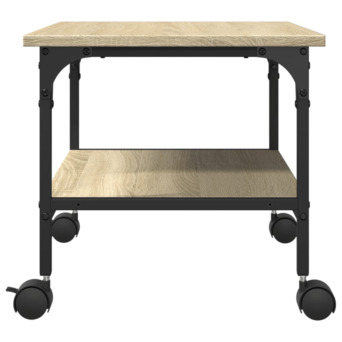 Ein helles holzfarbenes Tisch mit schwarzem Metallrahmen. Er hat zwei Regale und vier schwarze Räder. Der Tisch steht vor weißem Hintergrund.