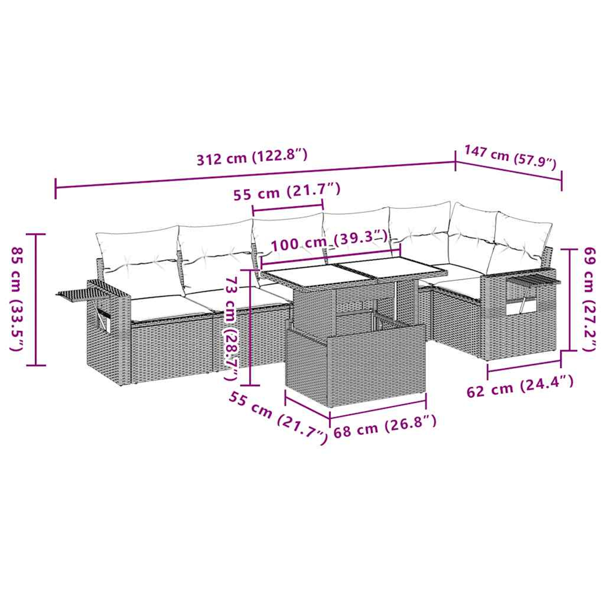 Outdoor-Wicker-Möbelset mit Abmessungen in Zentimetern und Zoll. Enthält einen Tisch und ein Sofaset.