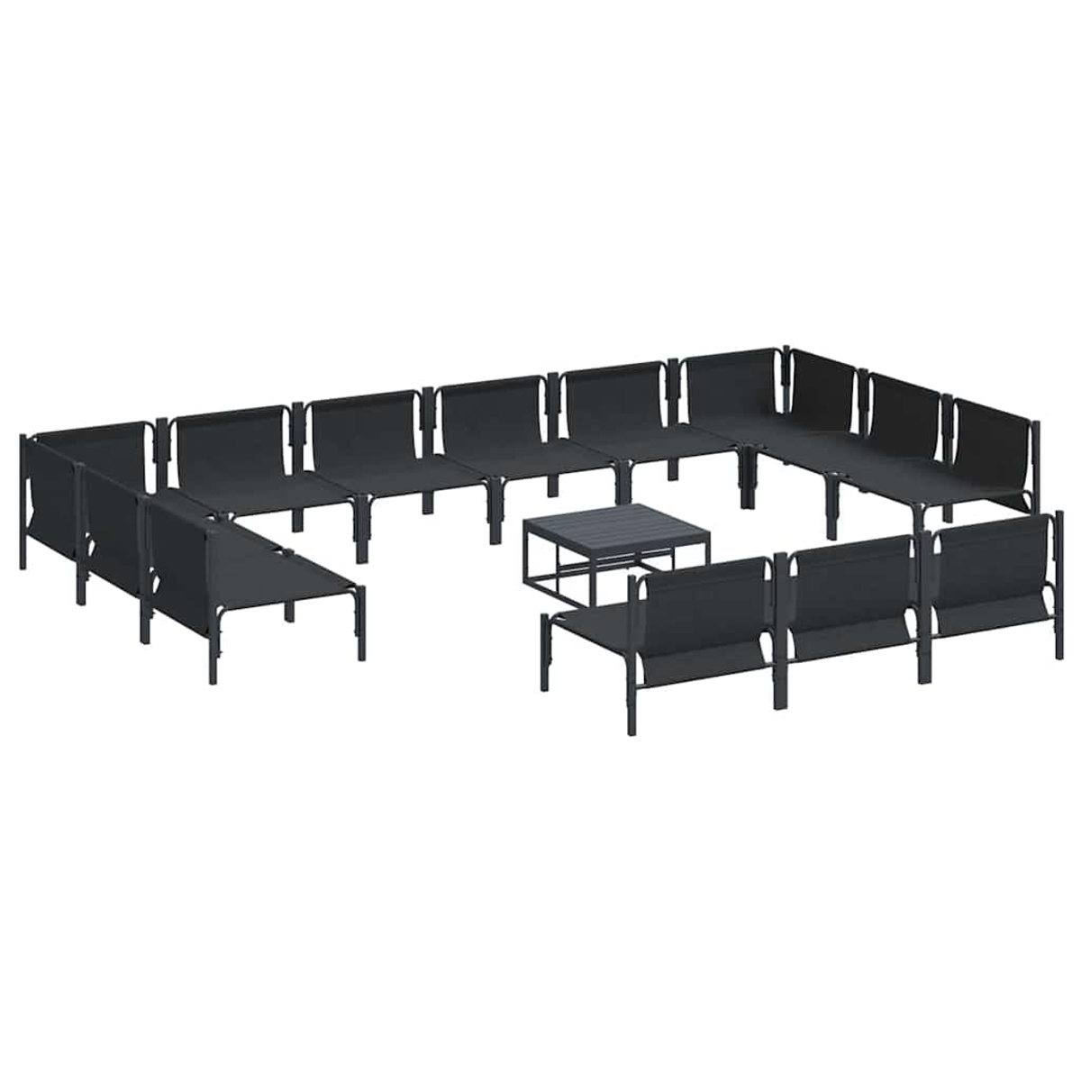 Disposición de muebles de exterior negros, incluyendo bancos y una pequeña mesa, formando una forma cuadrada sobre fondo blanco.