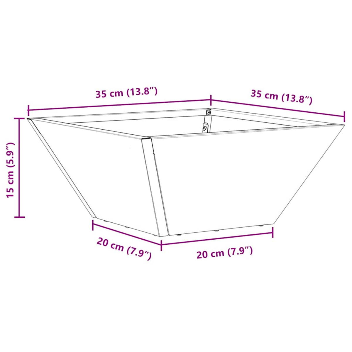 Una fioriera quadrata con dimensioni: 35 cm di larghezza, 15 cm di altezza e 20 cm di base. Contorno nero, sfondo bianco.