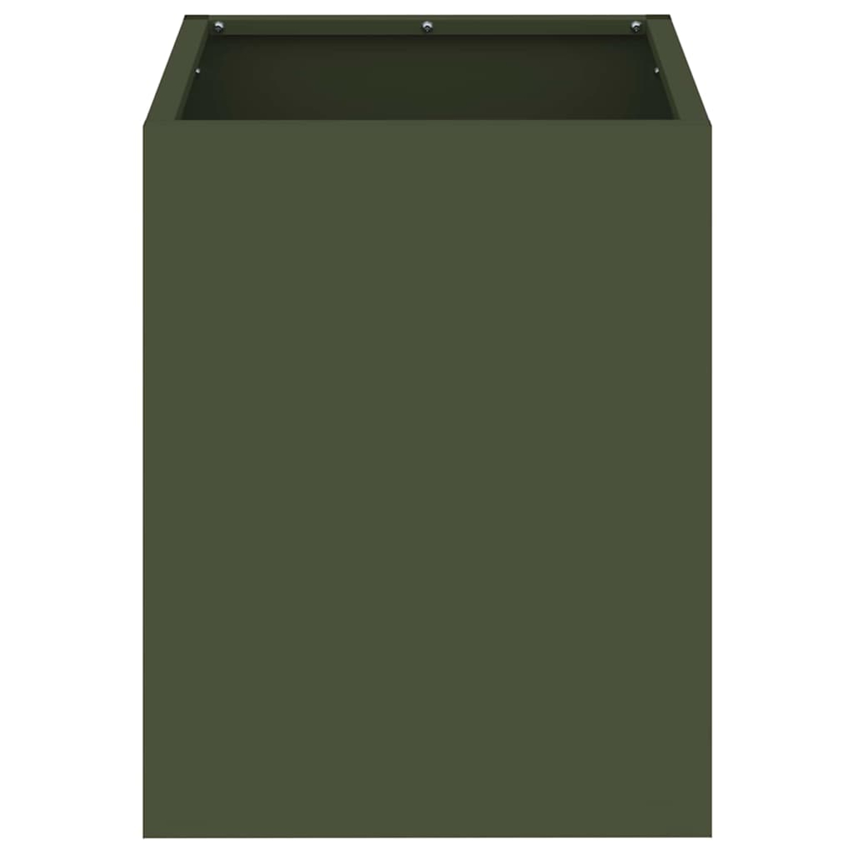 Una fioriera rettangolare verde oliva. La parte superiore ha un'area incassata. La scatola è vuota. Lo sfondo è bianco.