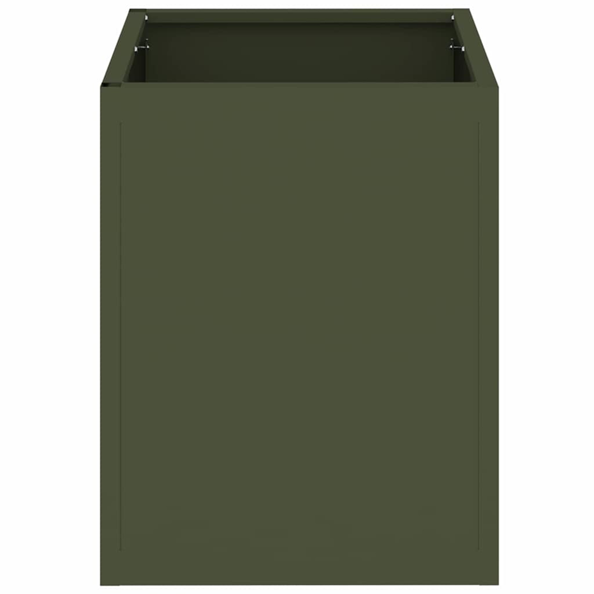 Una scatola rettangolare verde oliva, aperta in alto, è centrata su uno sfondo bianco. La scatola sembra essere di metallo.