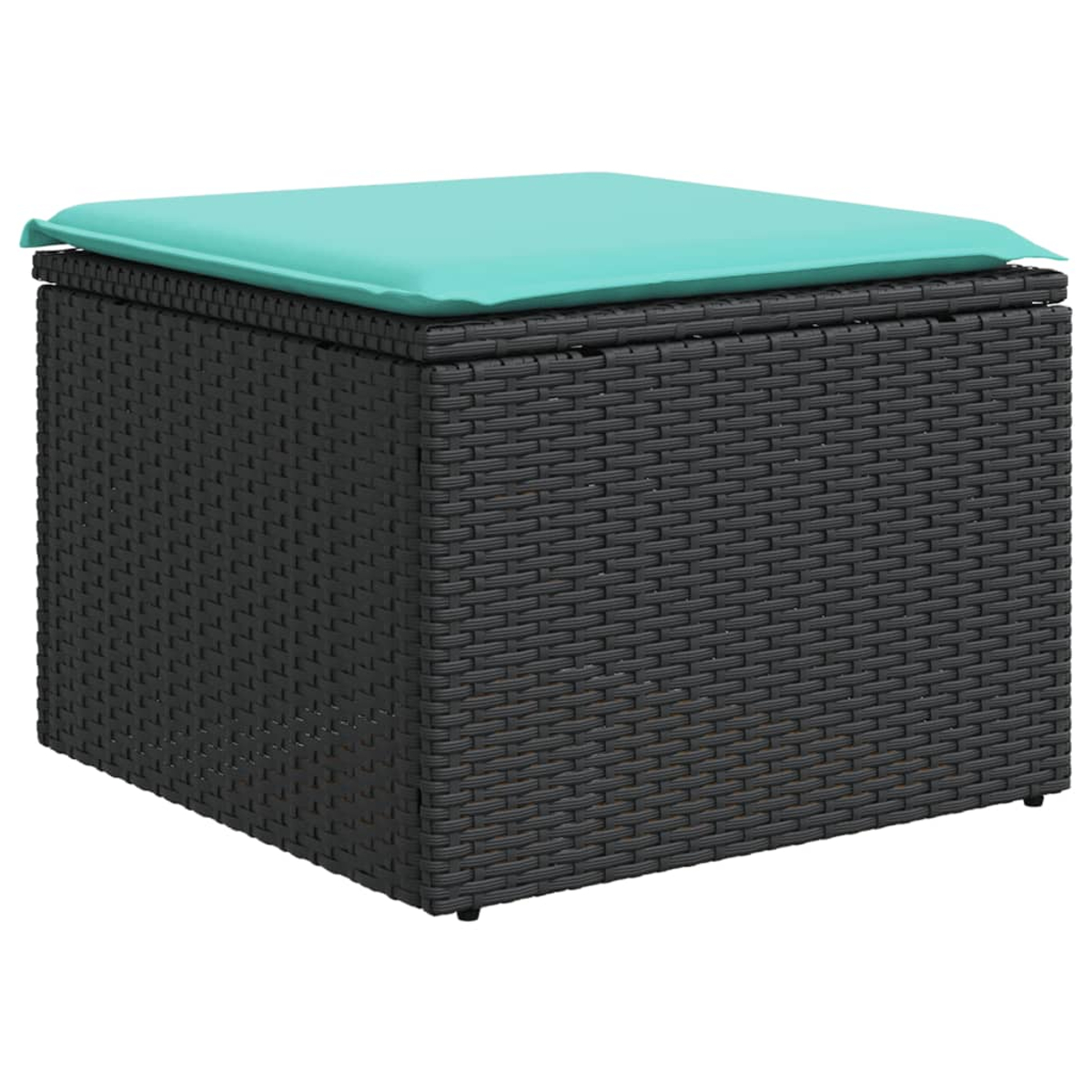 Eine dunkelgraue Aufbewahrungsbox aus Korbgeflecht mit einem türkisfarbenen Kissen oben. Die Box ist quadratisch und steht auf kleinen schwarzen Füßen.