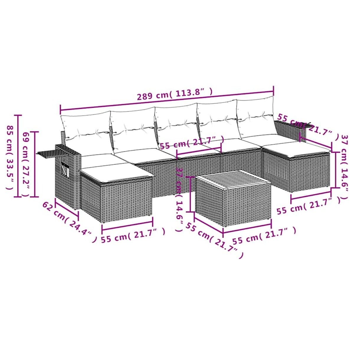 Ein Outdoor-Ecksofa mit Kissen und einem Couchtisch, alle mit Maßen in cm und Zoll, auf weißem Hintergrund dargestellt.