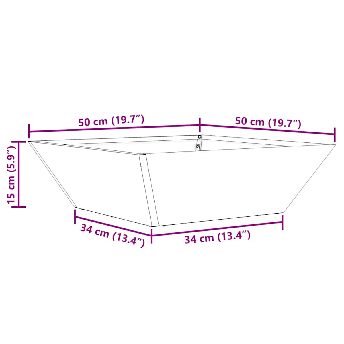 Diagramma di una fioriera quadrata, che mostra le dimensioni: 50 cm in alto, 34 cm base, 15 cm altezza. Misure anche in pollici.