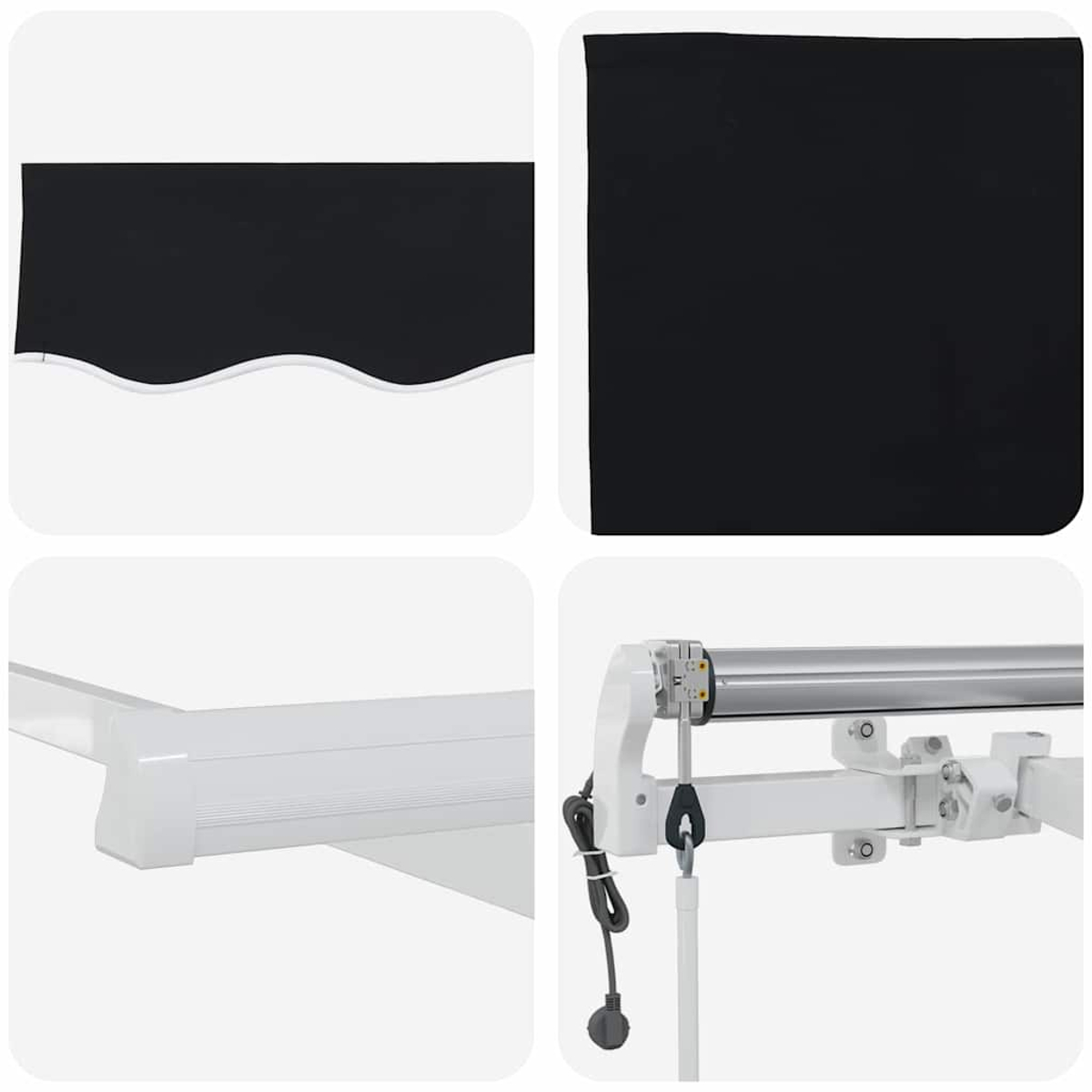 Vierteiliges Bild. Oben links: schwarze Markise mit weißem Wellenrand. Oben rechts: schwarze Markise. Unten links: weißer Markisenrahmen. Unten rechts: Markisenmechanismus.