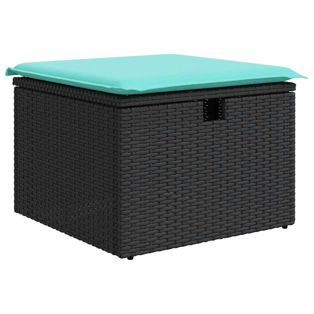 Eine schwarze Aufbewahrungsbox aus Korbgeflecht mit einem hellblauen Kissen oben. Die Box ist quadratisch und hat ein gewebtes Muster und einen Griff.