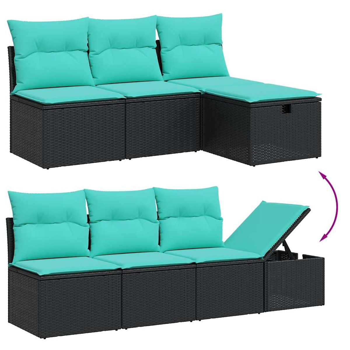 Zwei Korbs Sofas mit türkisfarbenen Kissen, eines mit offenem Abschnitt. Schwarze Korbflechtrahmen und türkisfarbene Kissen. Ein Abschnitt hebt sich.