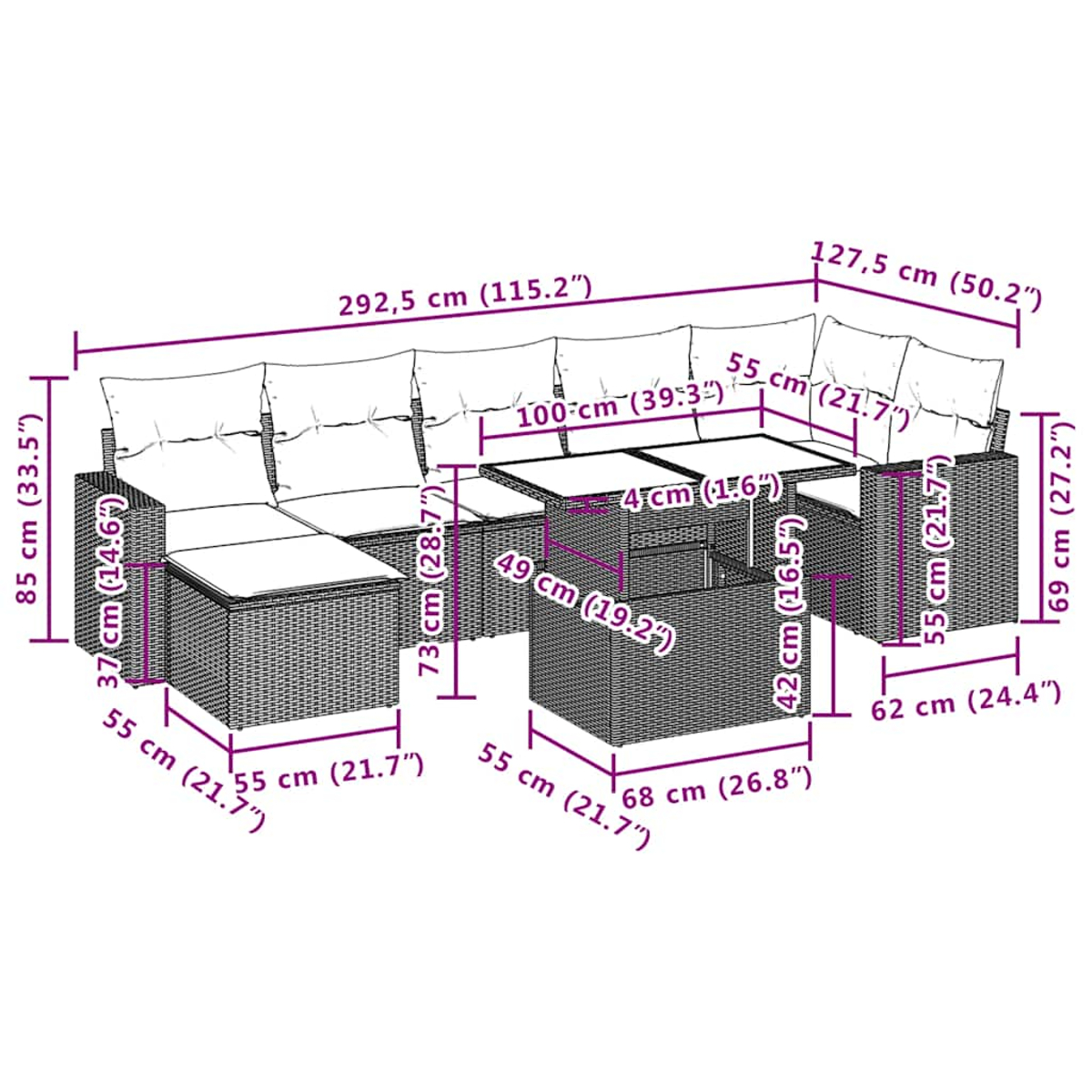 Diagramm eines Rattan-Gartenmöbelsets mit Abmessungen. Enthält Sofa, Tisch und Stühle mit Maßen in cm und Zoll.