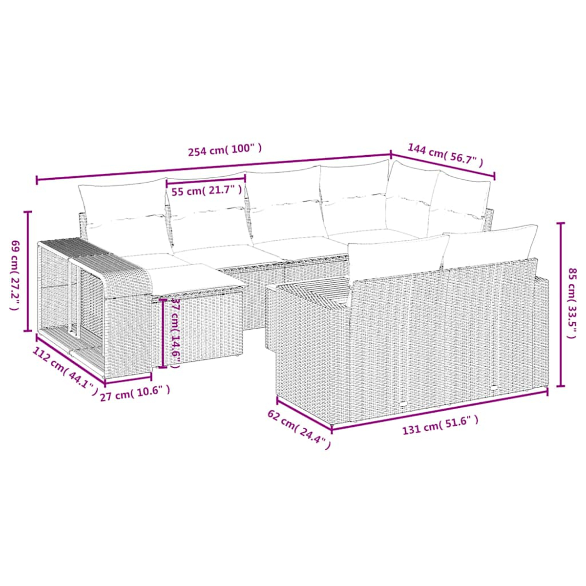 Ein Diagramm von Gartenmöbeln. Es zeigt die Abmessungen eines Ecksofas und eines Beistelltisches mit Maßen in Zentimetern und Zoll.
