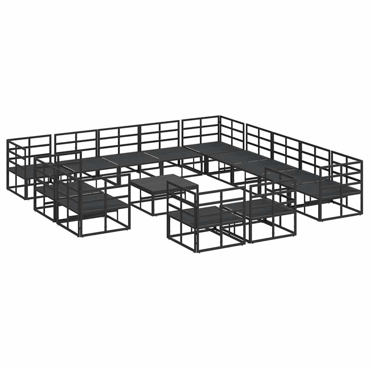 Eine abstrakte Struktur aus schwarzem Metall. Sie hat mehrere Plattformen und Geländer, die in einem komplexen, miteinander verbundenen Design angeordnet sind.