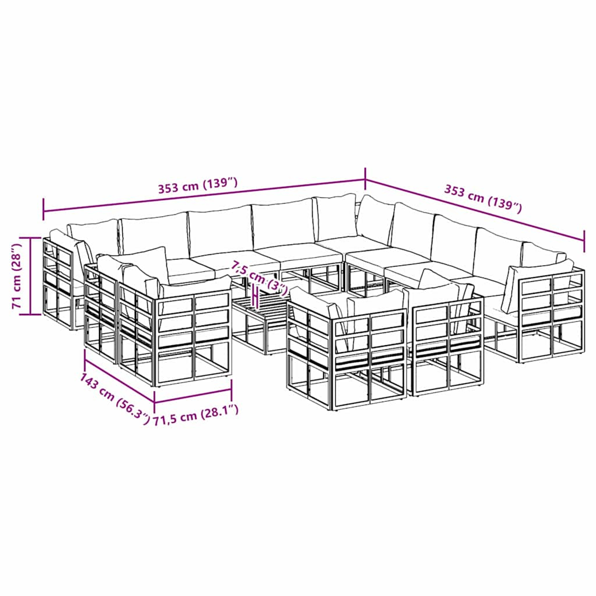 Ein Outdoor-Ecksofa-Set mit Abmessungen. Es umfasst mehrere Sitzbereiche, einen Couchtisch und Kissen, alles in modernem Design.