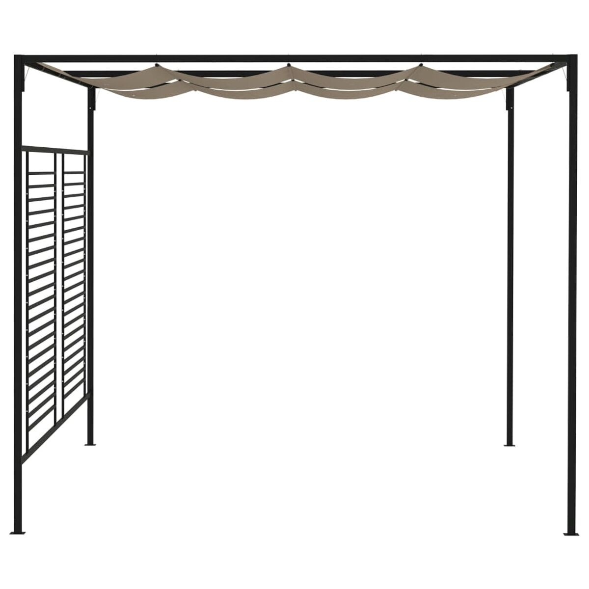 Un pergolato in metallo nero con un lato a griglia e una tenda da sole in tessuto beige. La struttura ha quattro montanti ed è su sfondo bianco.