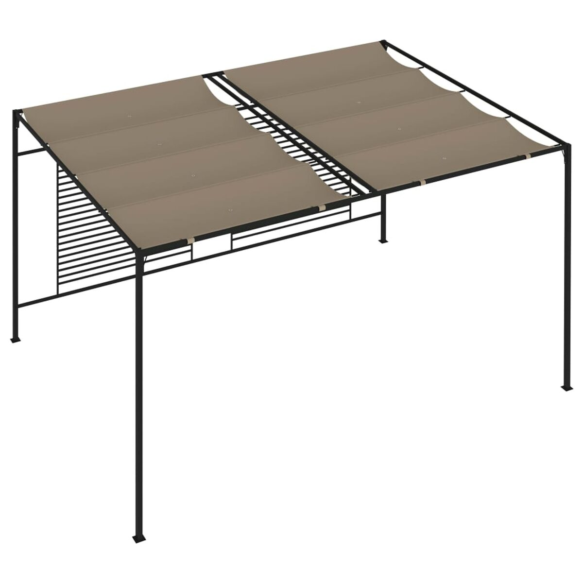 Una pergola in metallo nero con un tendalino beige. La struttura ha quattro gambe e un tetto a doghe. Il tendalino è teso sopra.