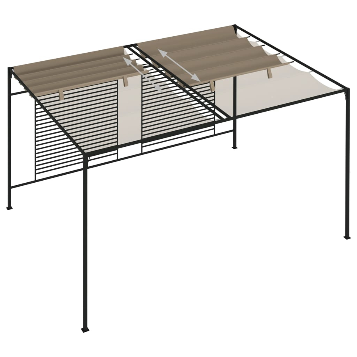 Una pergola in metallo nero con tettoia beige e pannelli in tessuto. Le frecce indicano le sezioni regolabili. Sfondo bianco.