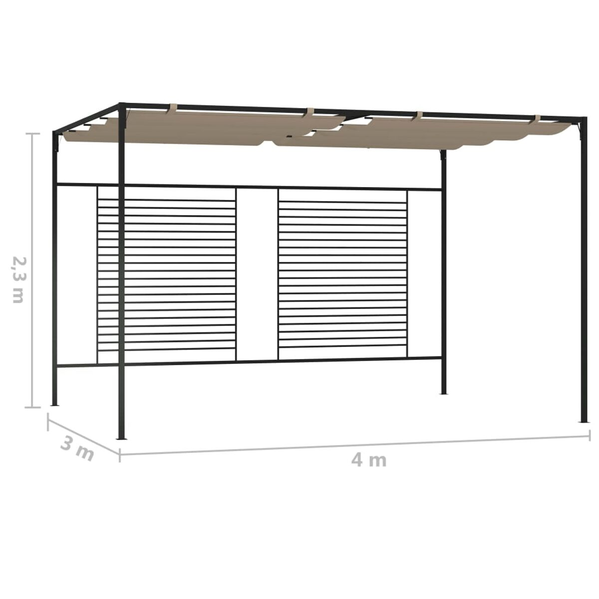 Un gazebo in metallo nero. Il tetto ha pannelli in tessuto beige. Dimensioni: 4 m di larghezza, 3 m di profondità e 2,3 m di altezza. Barre di metallo visibili.