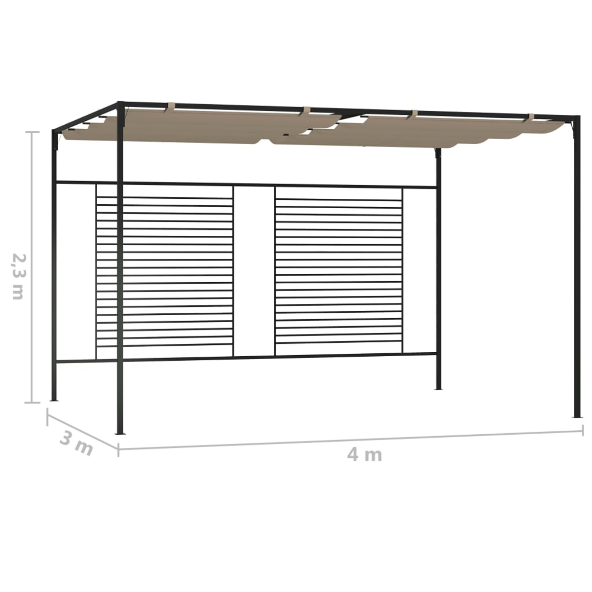 Un pergolato in metallo nero con una tenda beige. È largo 4 metri, profondo 3 metri e alto 2,3 metri.
