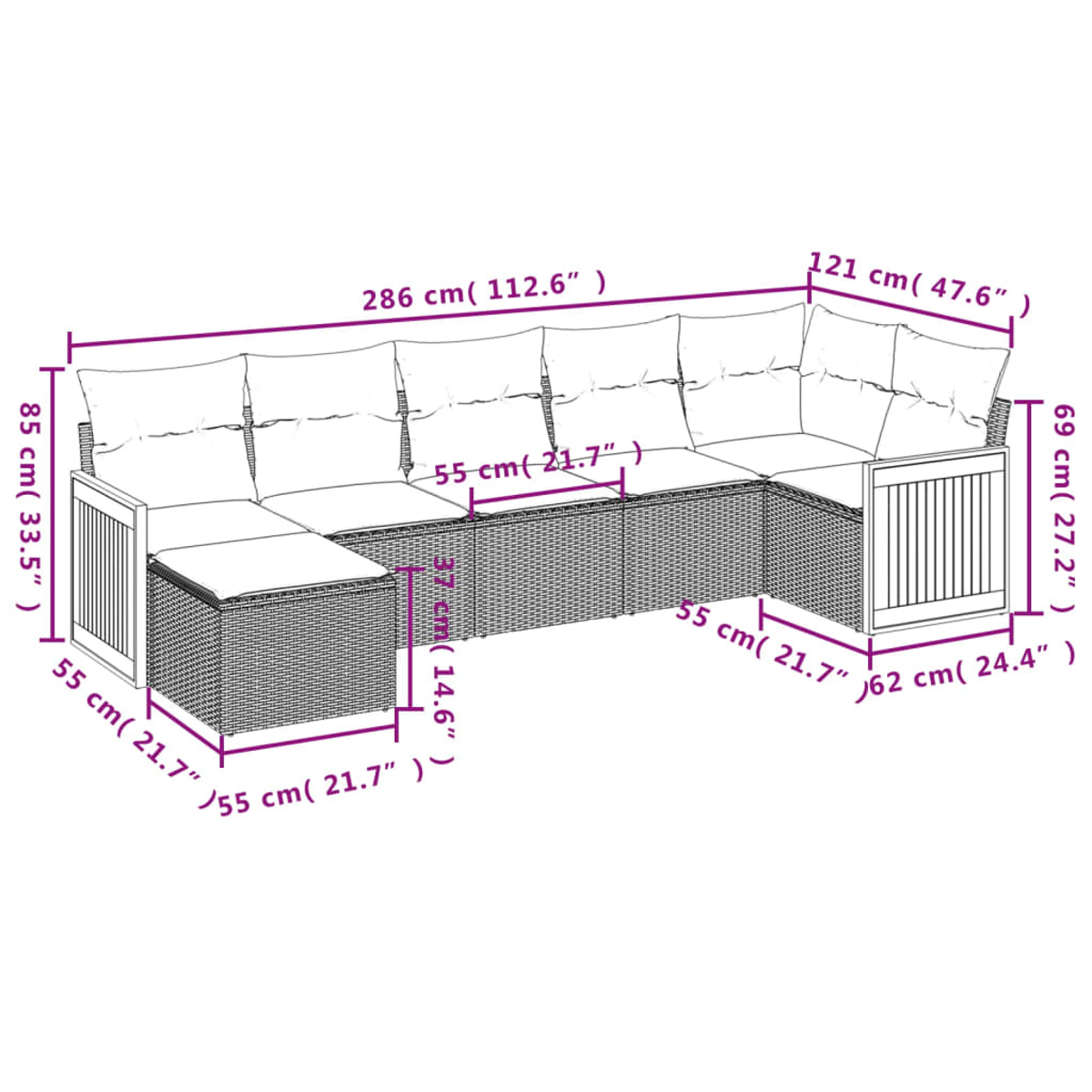 Ein L-förmiges Sofa aus Korbgeflecht mit weißen Kissen. Abmessungen sind in cm und Zoll angegeben.