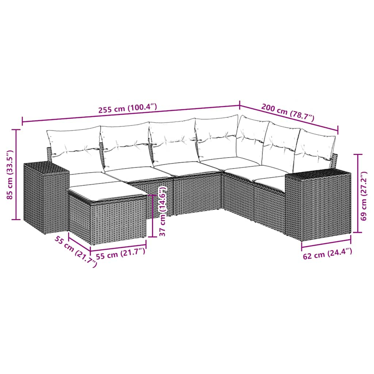Ein L-förmiges Outdoor-Korbsofa mit weißen Kissen. Die Abmessungen sind in Zentimetern und Zoll angegeben.