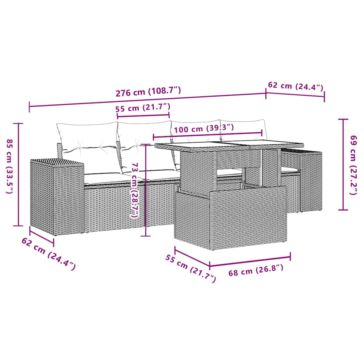 Ein Outdoor-Möbelset aus Korbgeflecht, bestehend aus Sofa, Tisch und zwei Stühlen, mit Maßangaben in Zentimetern und Zoll.