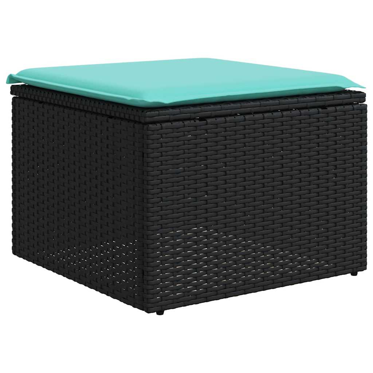 Schwarze Aufbewahrungsbox aus Korbgeflecht mit einem türkisfarbenen Kissen. Die Box ist quadratisch, mit einem Webmuster.
