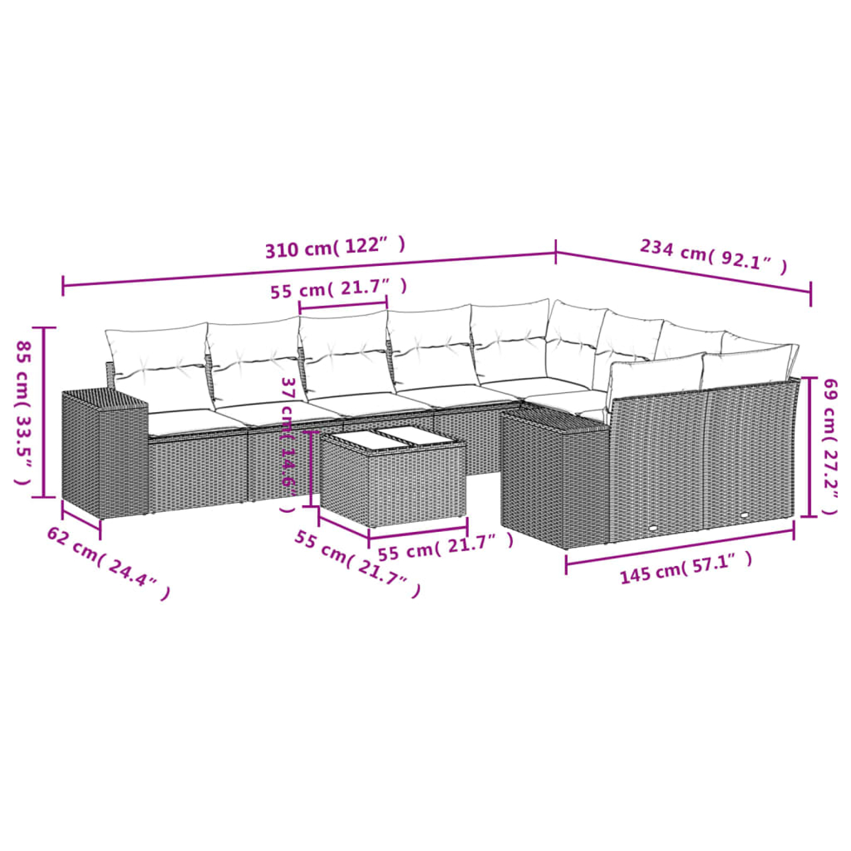 Ein Ecksofa aus Rattan mit Kissen und einem passenden Couchtisch. Maße und Messungen sind auf dem Bild beschriftet.