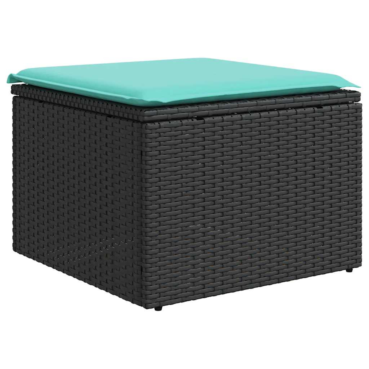 Eine quadratische, dunkelgraue, gewebte Aufbewahrungsbox mit einem hellblauen Kissen oben. Die Box befindet sich auf weißem Hintergrund.