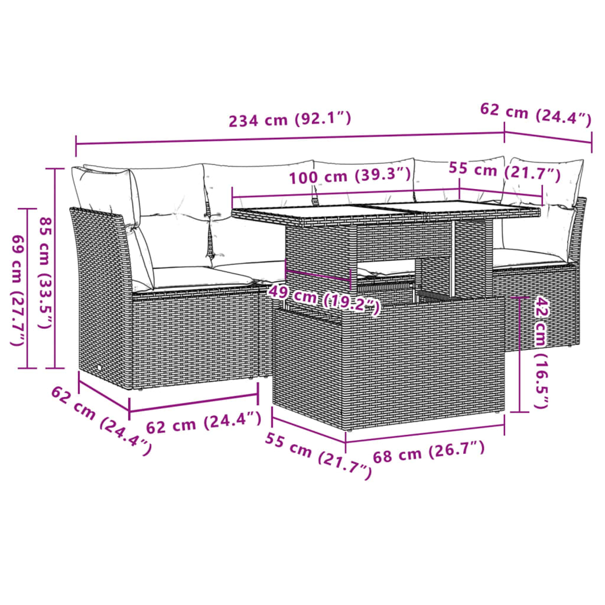 Outdoor-Wicker-Möbelset. Enthält ein Ecksofa und einen Tisch mit Abmessungen. Maße in Zentimetern und Zoll werden angezeigt.