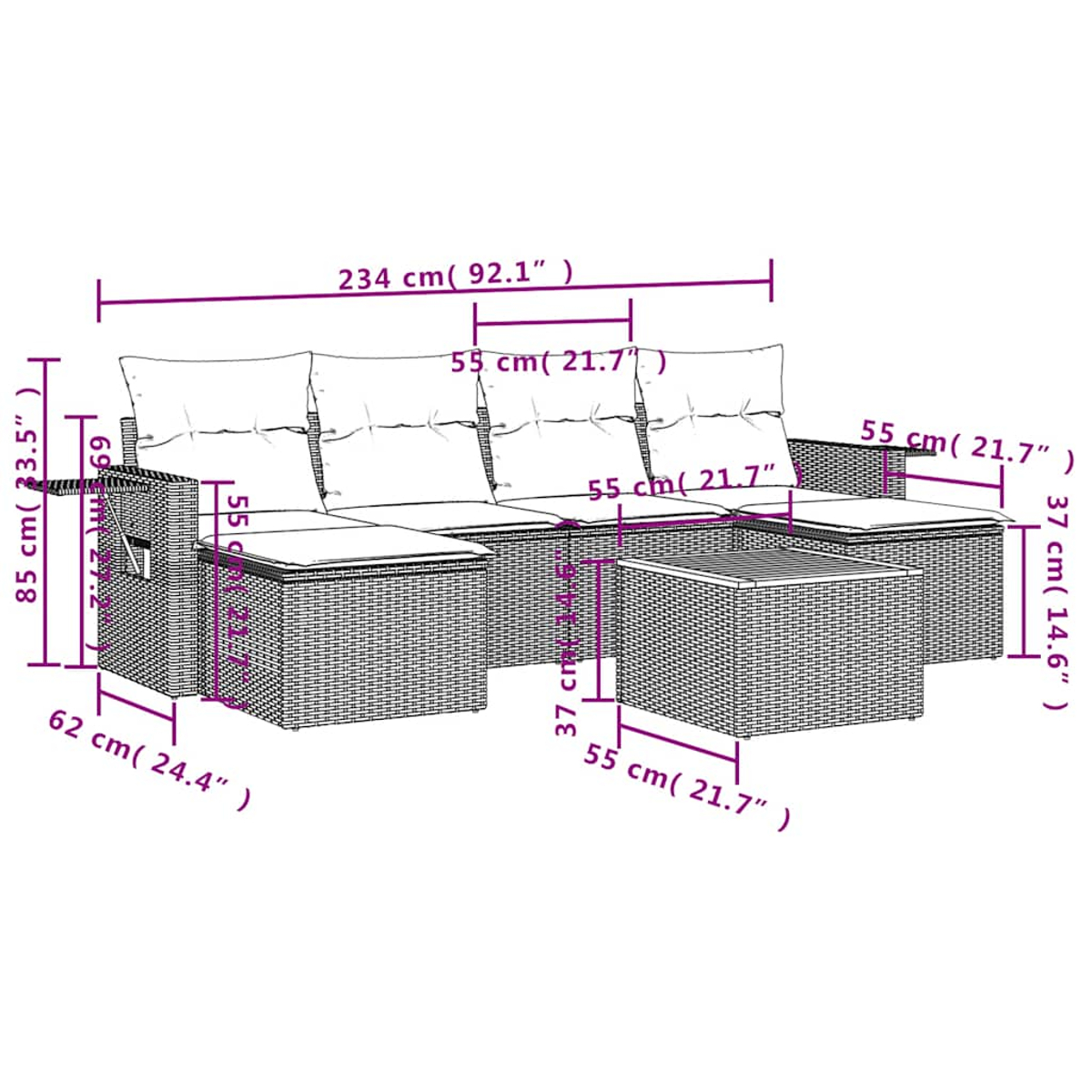 Ein Diagramm eines Outdoor-Sofas aus Korbgeflecht mit Kissen und einem kleinen Tisch. Die Abmessungen sind in Zentimetern und Zoll angegeben.