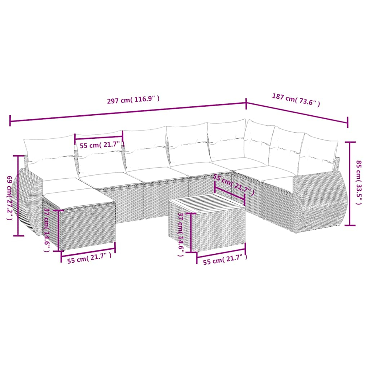 Ein Rattansofa mit weißen Kissen und einem kleinen Tisch. Abmessungen sind angegeben. Das Sofa ist grau. Der Hintergrund ist weiß.
