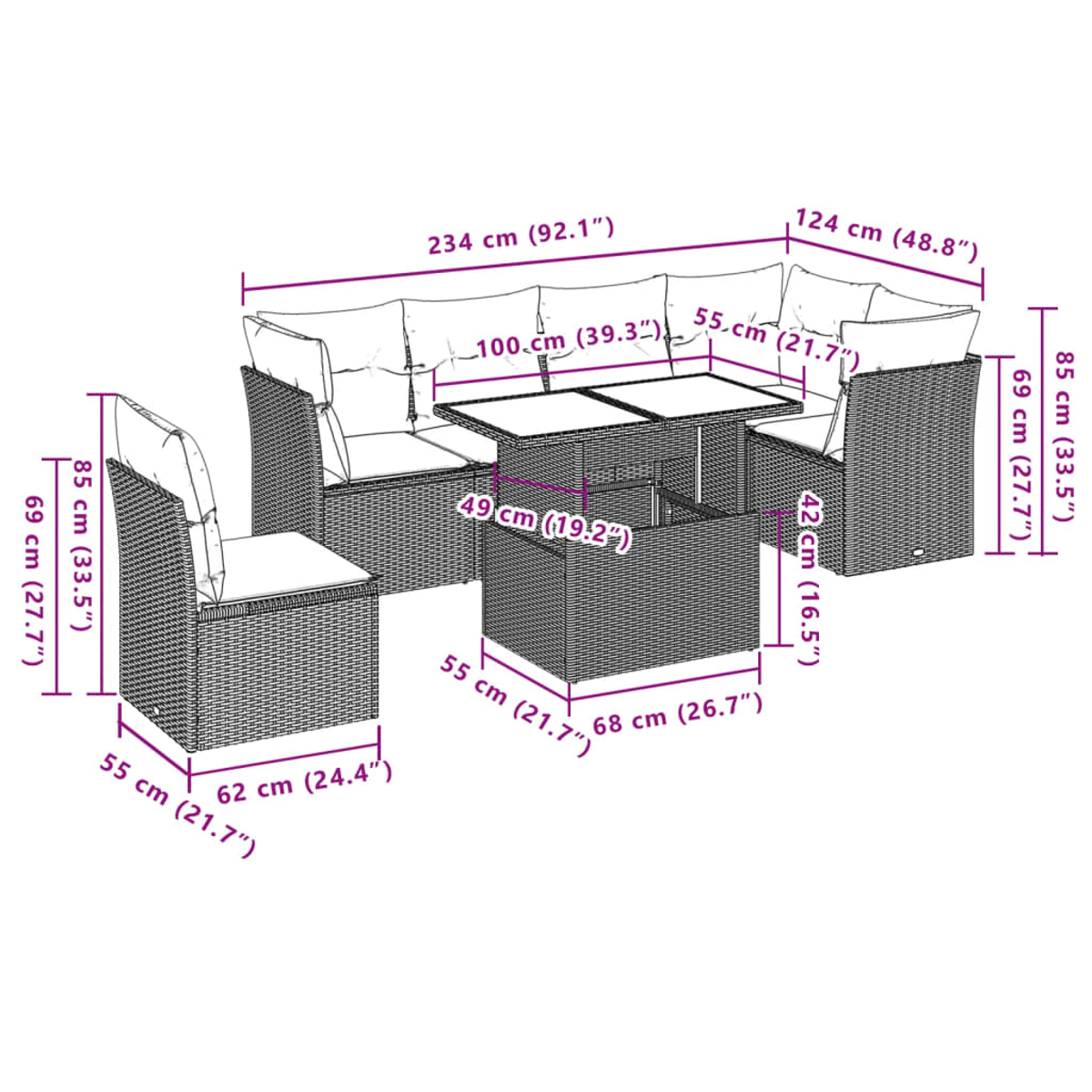 Ein Rattanset mit Sofa, zwei Stühlen und Tisch. Maße in cm und Zoll. Weiße Kissen.