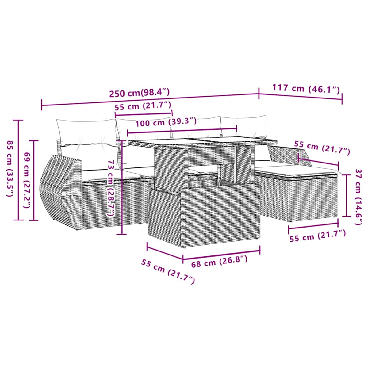 Ein Outdoor-Möbelset aus Korbgeflecht. Es umfasst ein Sofa, einen Tisch und einen Hocker mit Abmessungen in Zentimetern und Zoll.