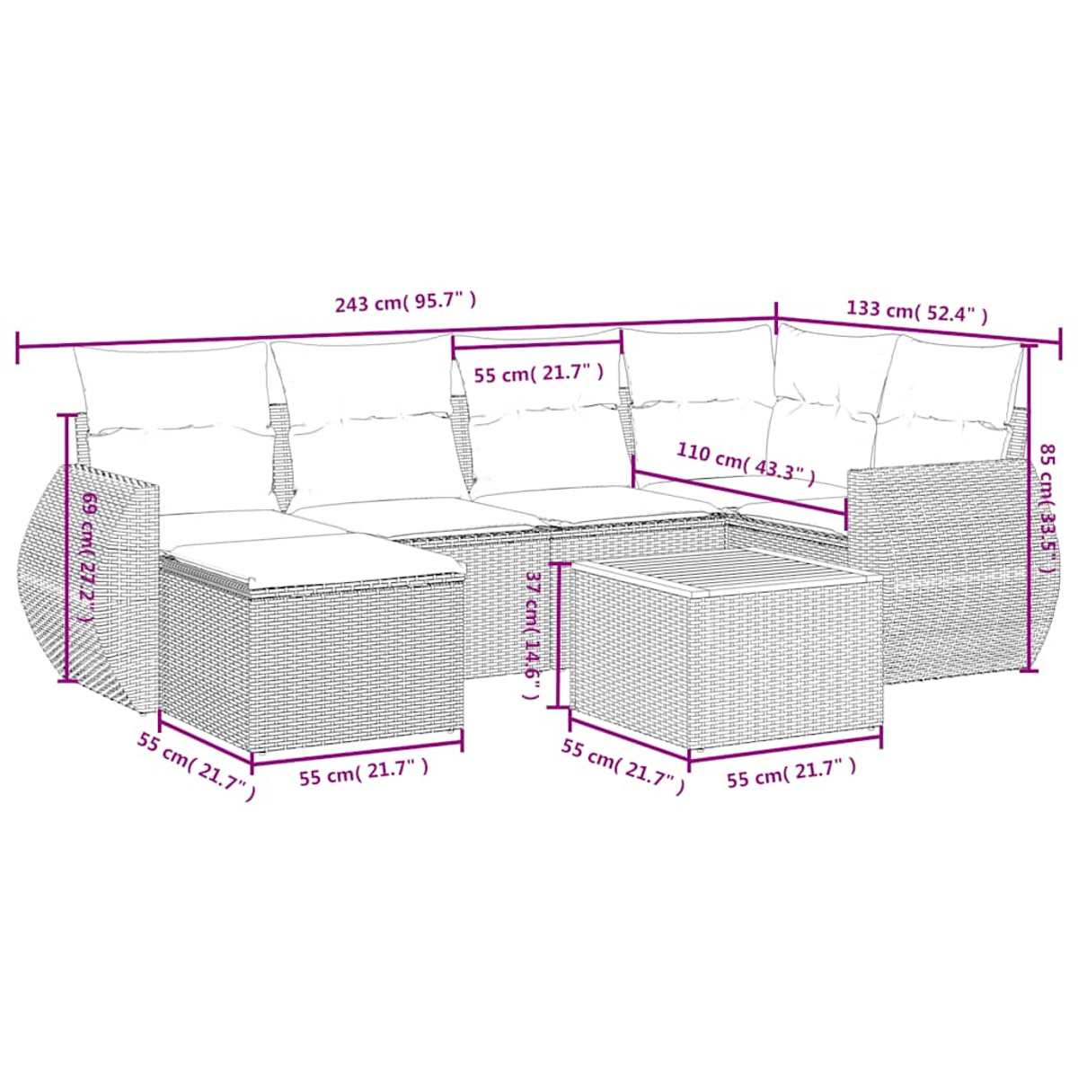 Ein Ecksofa aus Korbgeflecht mit Kissen und einem quadratischen Couchtisch. Maße sind in cm und Zoll angegeben.