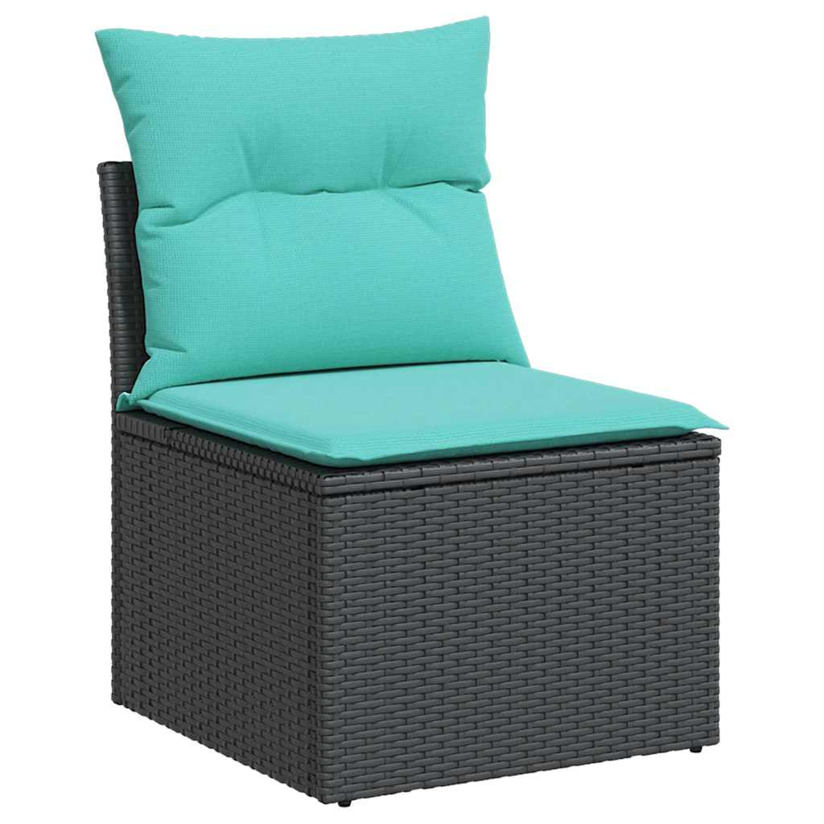 Ein dunkelgrauer Korbstuhl mit einer tealfarbenen Sitzfläche und Rückenlehne. Der Stuhl hat ein kastenförmiges Design.